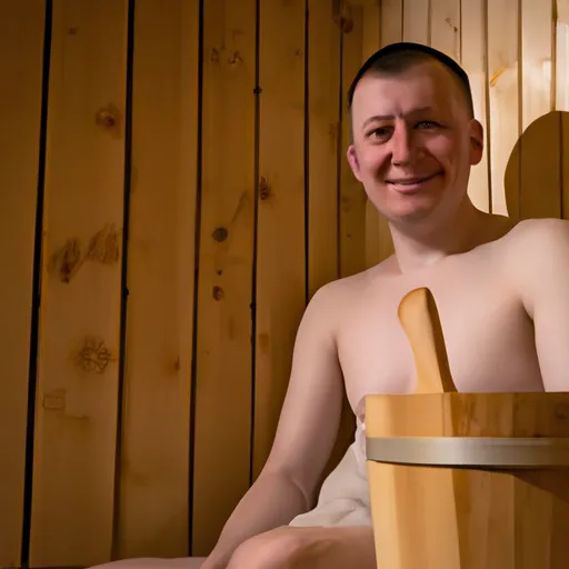 

A photo of a person sitting in a sauna, with a wooden bucket and ladle in the corner. The person is relaxed and content, with a look of satisfaction on their face. The bucket and ladle are symbols of the health