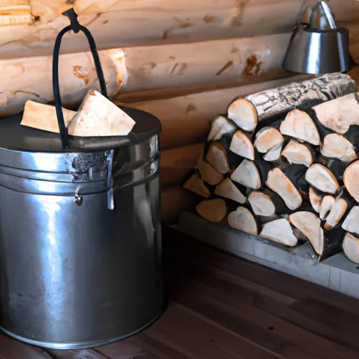 

A photo of a traditional wood-burning sauna stove, with a pile of logs and a metal bucket of water sitting next to it.
