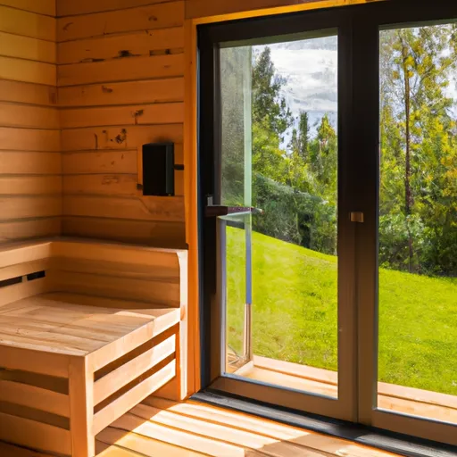 

An image of a modern home sauna room with a wooden bench, a glass door, and a window looking out onto a lush green landscape. The image conveys the idea of relaxation and luxury that comes with installing a home sauna.