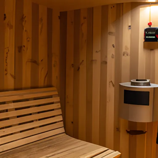 

A photo of a modern home sauna, featuring a wooden bench, glass door, and a digital control panel. The warm, inviting atmosphere of the sauna is perfect for relaxing and unwinding after a long day.