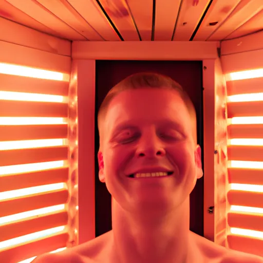 

An image of a person relaxing in an infrared sauna, with a peaceful expression on their face and their eyes closed. The person is surrounded by warm, glowing lights, giving the impression of a calming and therapeutic atmosphere.