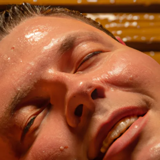 

A close-up image of a person's face, with a relaxed expression and beads of sweat on their forehead, while they enjoy a sauna session.