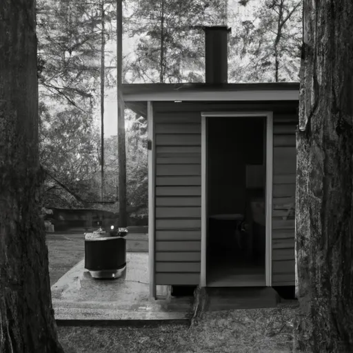 

A black and white image of a traditional Finnish sauna, with a wooden door and a chimney in the background. The sauna is surrounded by a peaceful forest, with the sun setting in the distance. The image conveys a sense