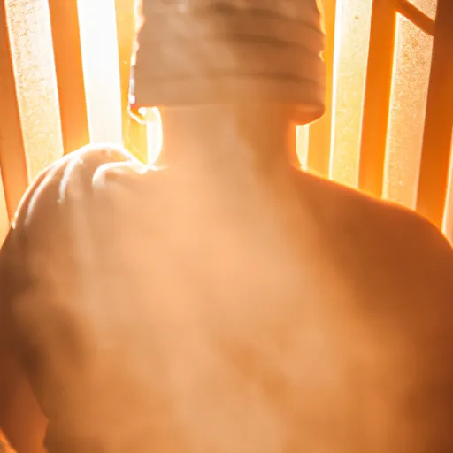 

A close-up of a person in a sauna, with a towel draped over their head, enjoying the warmth and steam. The person is surrounded by a bright light, symbolizing the detoxifying effects of the sauna.