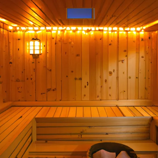 

A photo of a modern sauna with a variety of lighting fixtures, including wall sconces, recessed lighting, and a chandelier, all of which are emitting a warm, relaxing glow.