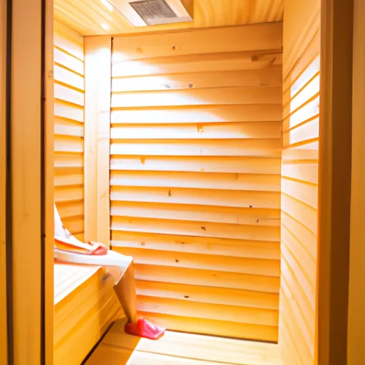 

A photo of a person relaxing in a modern sauna, with light wood walls and a glass door. The person is wearing a white towel and has their eyes closed, enjoying the warmth and comfort of the sauna.