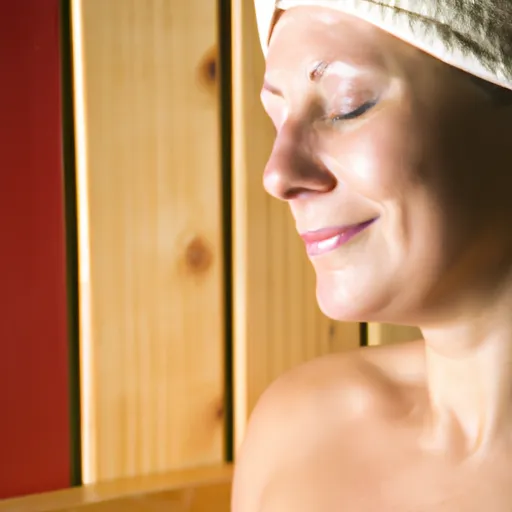 

A close-up of a person relaxing in a sauna, with a towel draped over their head and a blissful expression on their face.
