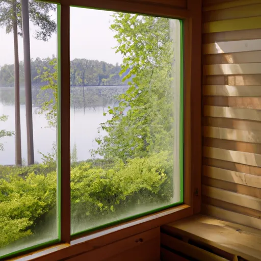 

An image of a wooden sauna room with a glass window overlooking a lake, surrounded by lush green trees. The steam rising from the sauna adds to the tranquil atmosphere.