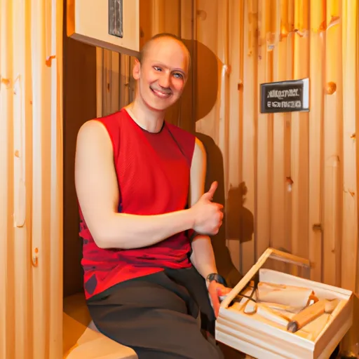

A photo of a person in a sauna, with tools and a manual nearby, looking satisfied and relaxed. The image conveys the idea that DIY sauna installation is a rewarding and enjoyable experience.