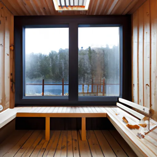 

An image of a modern sauna room with a glass wall, wooden benches, and a large window looking out onto a beautiful landscape.