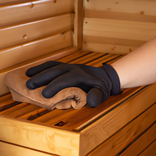 

A close-up of a person's hands wearing protective gloves and wiping down the interior of a wooden sauna with a damp cloth.