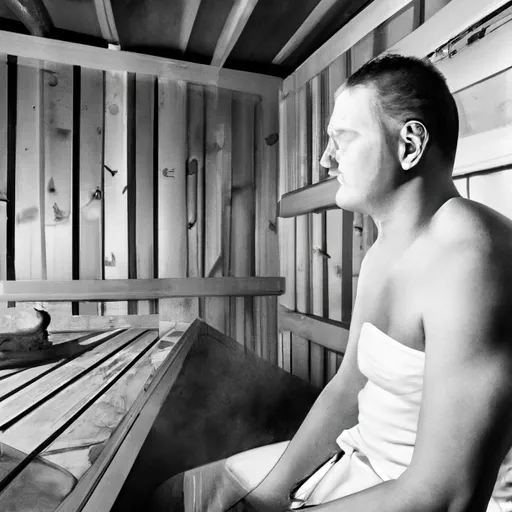 

A black and white image of a person sitting in a traditional sauna, surrounded by wooden walls and steam rising from the heated rocks. The person is wearing a towel and has their eyes closed, enjoying the warmth and relaxation of the sauna
